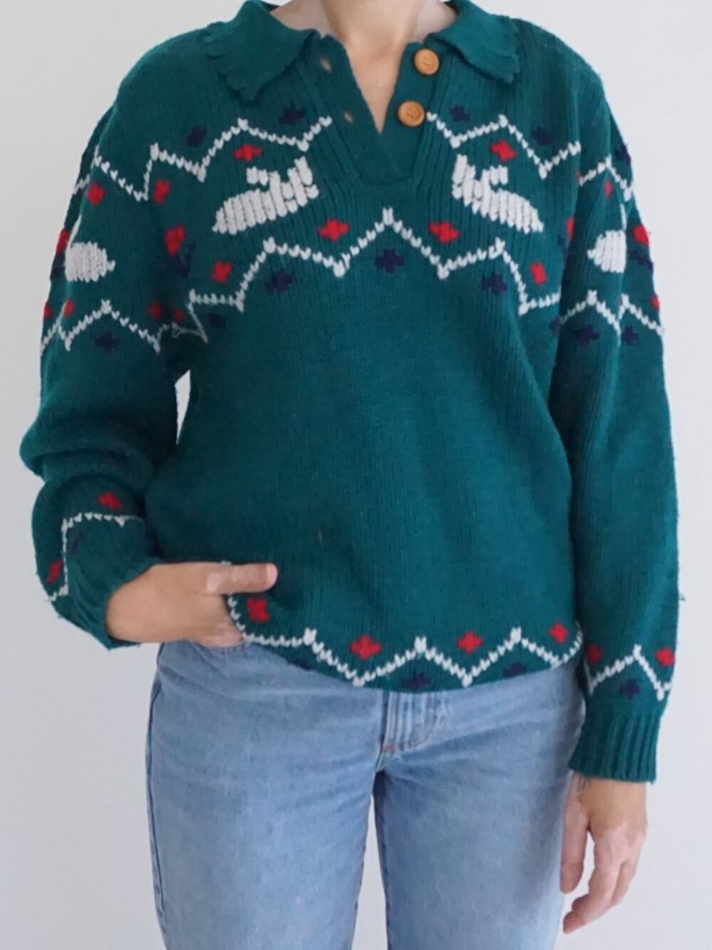 Vintage Bryn Connelly Green Bunny 15% Wool Fair Isle Knit Collared Sweater L